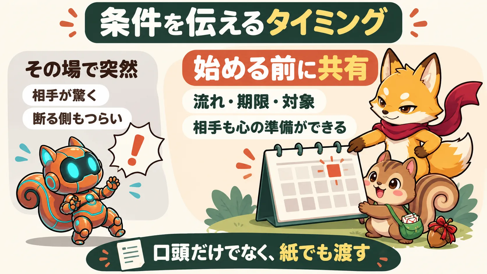 条件をその場で突然伝えると相手が驚く。始める前に流れ・期限・対象を共有すれば、相手も心の準備ができる。口頭だけでなく紙でも渡す。