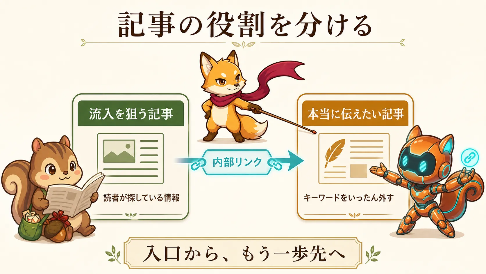 読者が探している情報を書く流入記事から、内部リンクでキーワードを外した本当に伝えたい記事へつなぐ図解