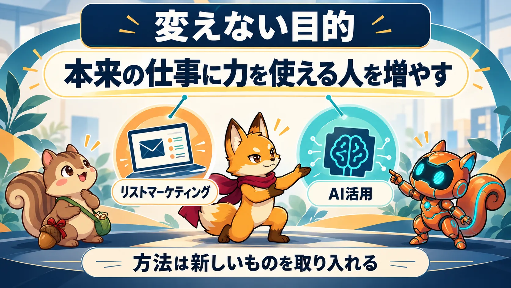 本来の仕事に力を使える人を増やす目的を、リストマーケティングとAI活用が支える。方法は新しいものを取り入れる。