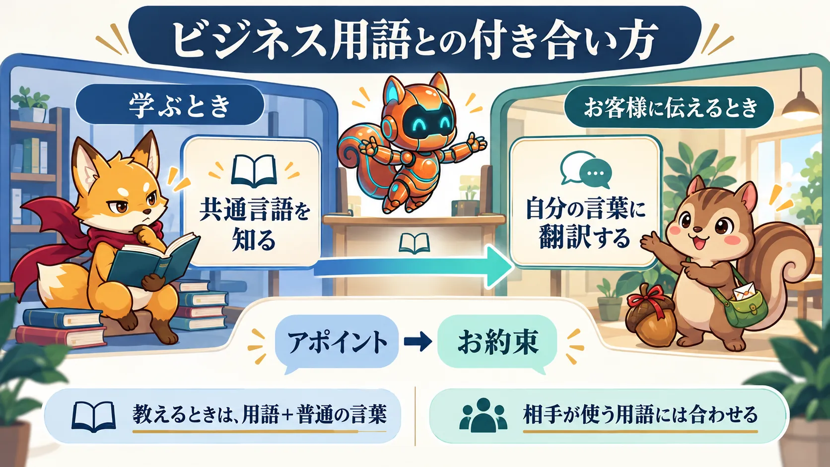 学ぶときは共通言語を知り、お客様に伝えるときは自分の言葉に翻訳する。アポイントはお約束へ。教えるときは用語と普通の言葉を添え、相手が使う用語には合わせる。