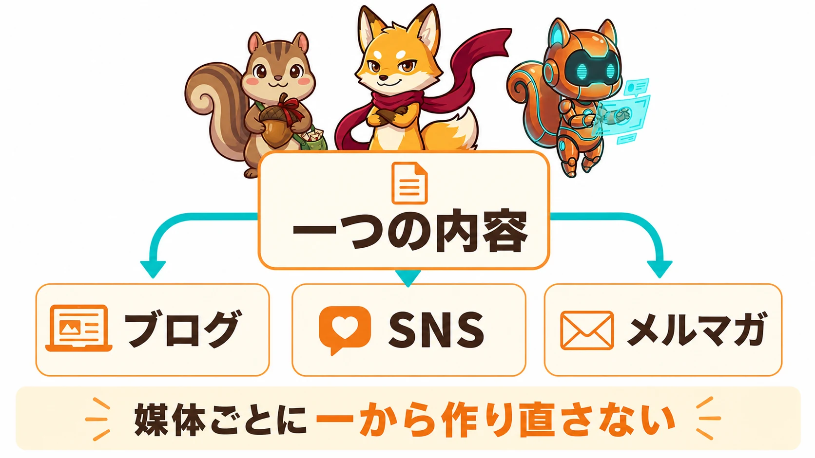 一つの内容をブログ、SNS、メルマガへ届ける考え方を示す図解