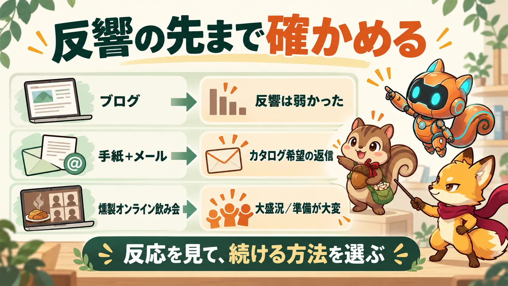 ブログは反響が弱く、手紙とメールにはカタログ希望の返信。燻製オンライン飲み会は大盛況でも準備が大変だった