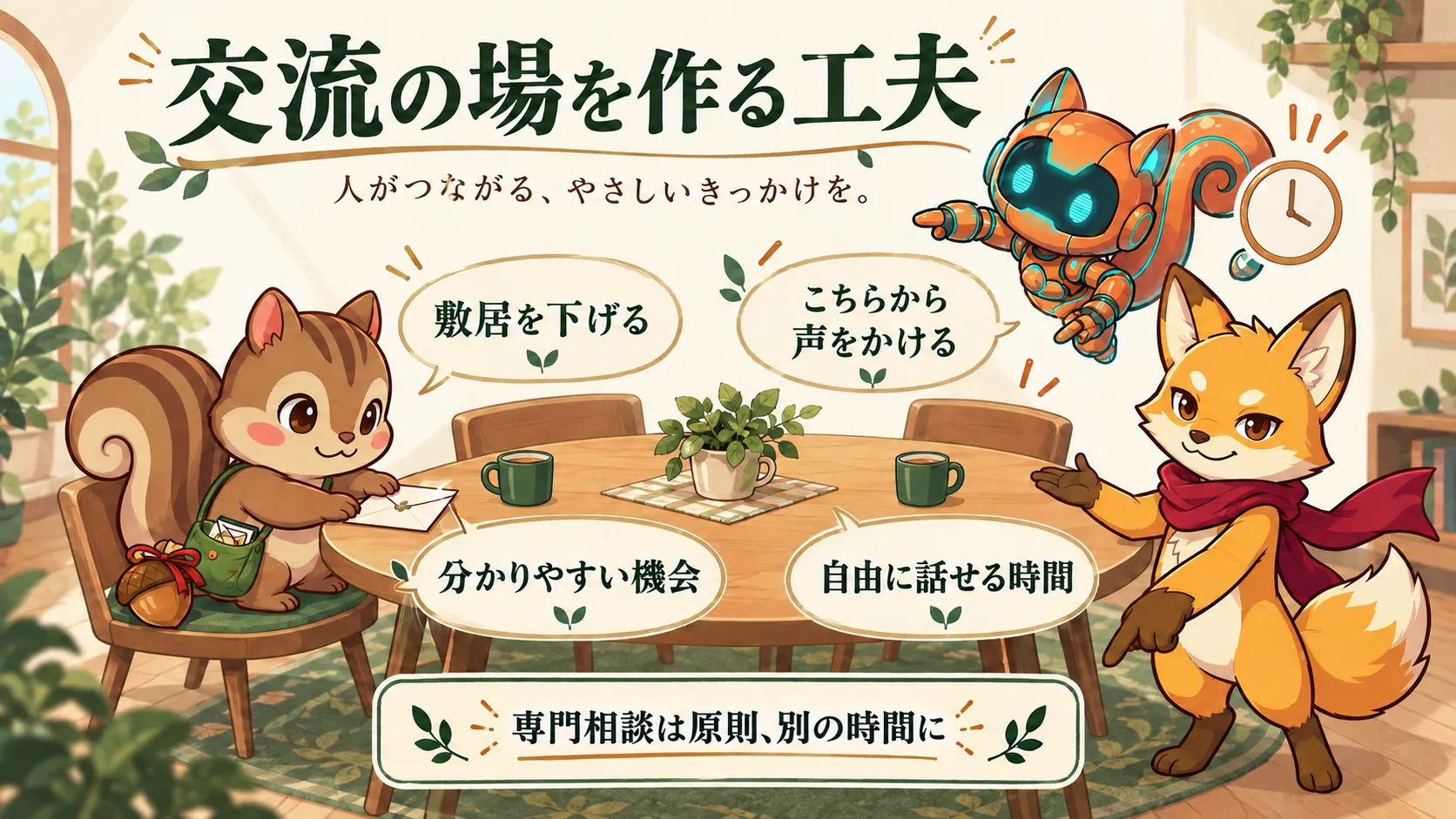交流の敷居を下げる、こちらから声をかける、分かりやすい機会を作る、自由に話せる時間を残す。専門相談は原則、別の時間に。