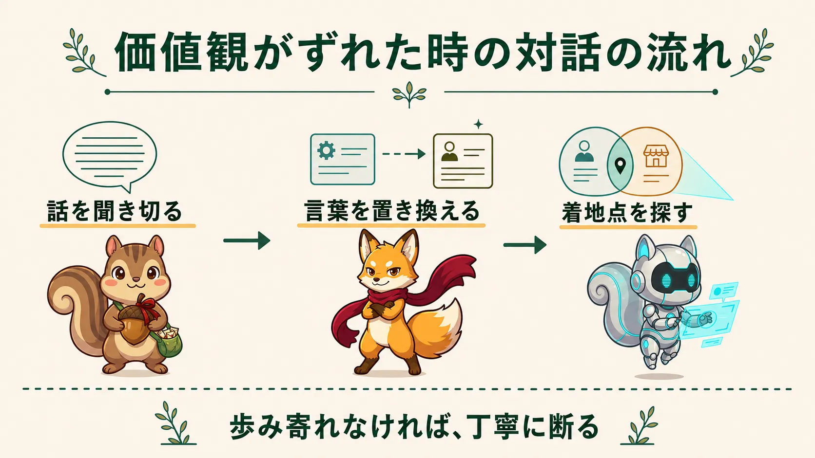 価値観がずれた時に、話を聞き切り、言葉を置き換え、着地点を探し、歩み寄れなければ丁寧に断る対話の流れ
