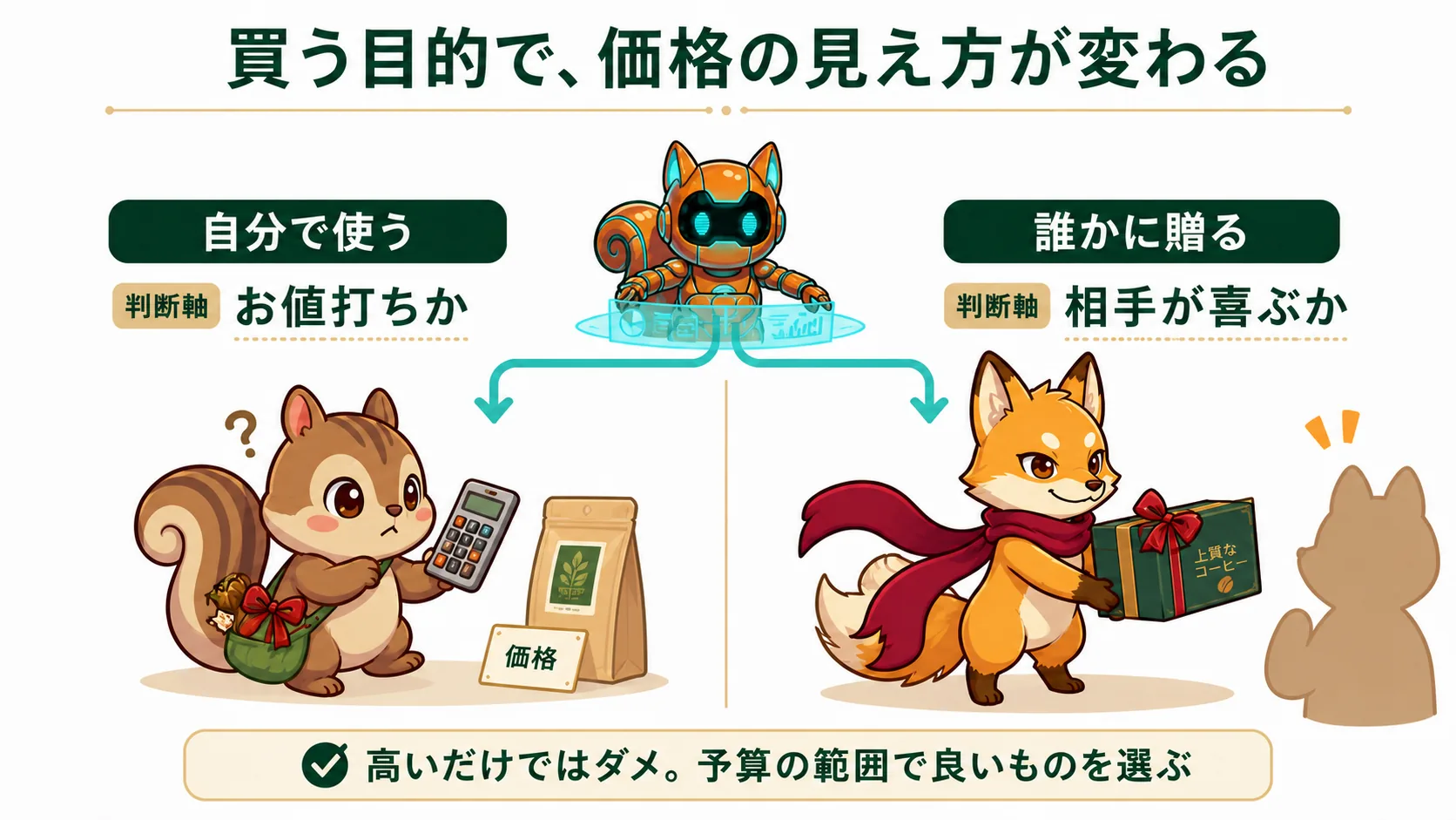商品購入と贈答で異なる判断軸を比較した図解
