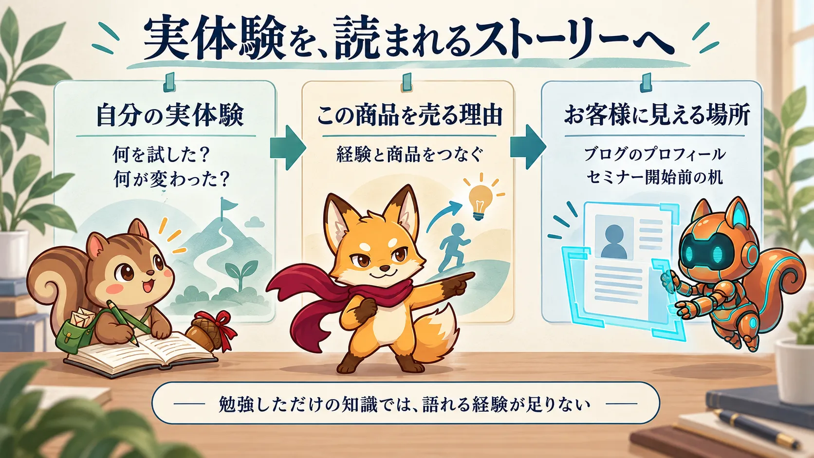 自分の実体験から、この商品を売る理由を伝え、ブログのプロフィールやセミナー開始前の机に置く関係を示した図解