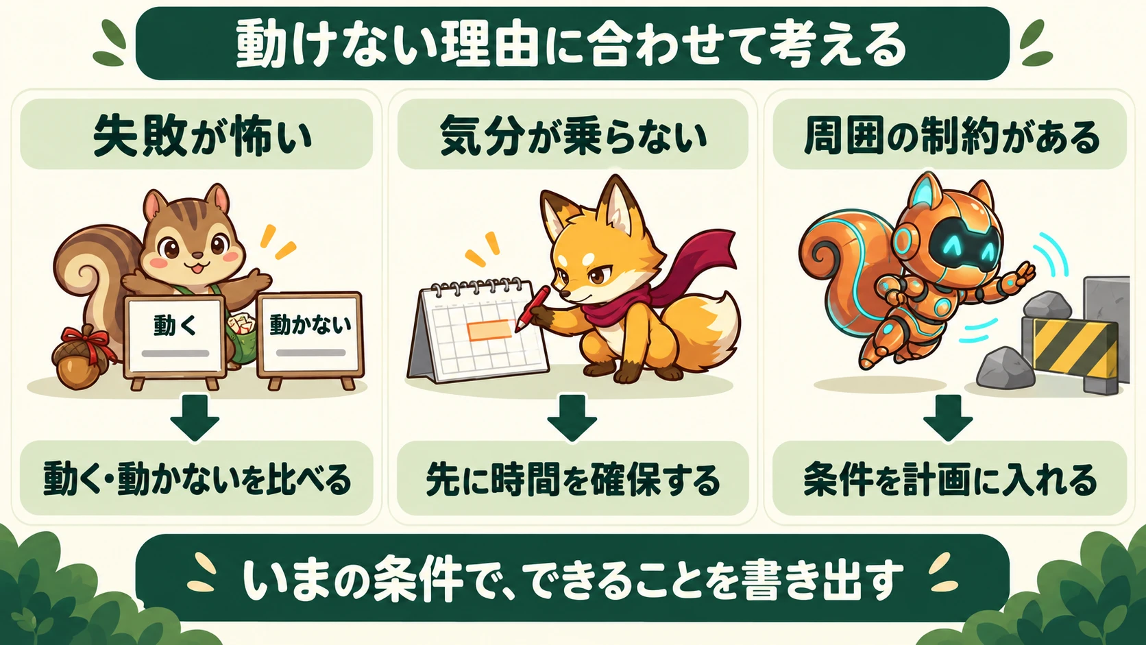 失敗が怖いときは動く・動かないを比べ、気分が乗らないときは先に時間を確保し、周囲の制約があるときは条件を計画に入れる