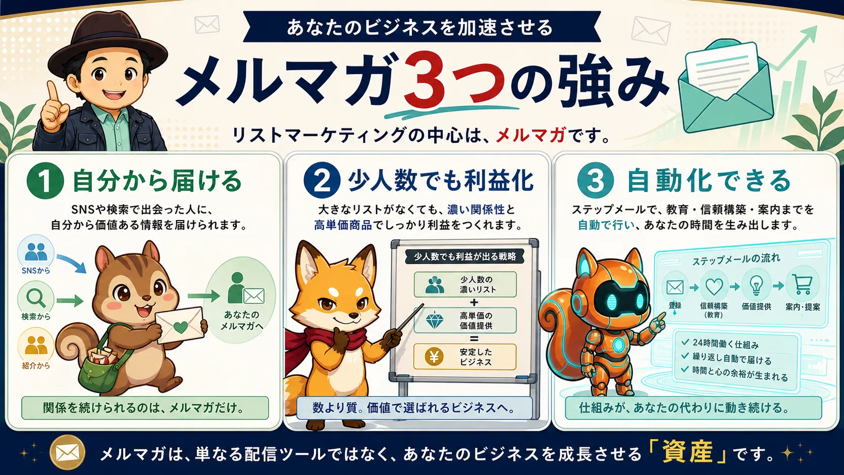 メルマガ3つの強みを示した本文挿入図