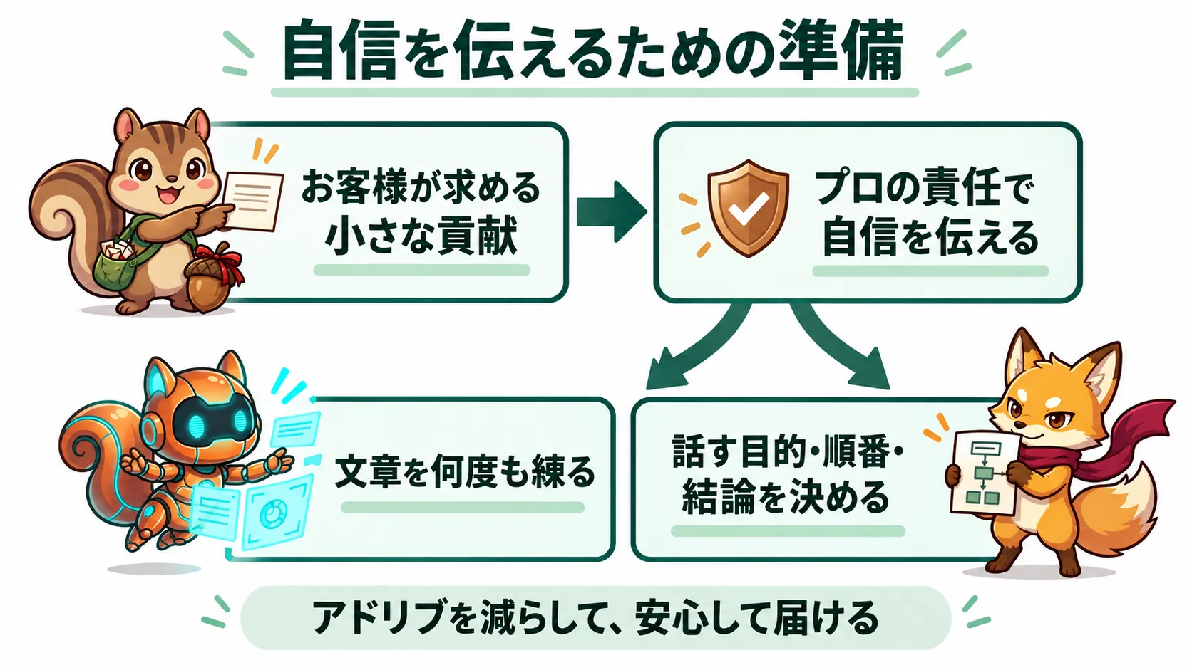 お客様が求める小さな貢献から始め、プロの責任で自信を伝える。その準備として文章を何度も練り、話す目的・順番・結論を決め、アドリブを減らす。
