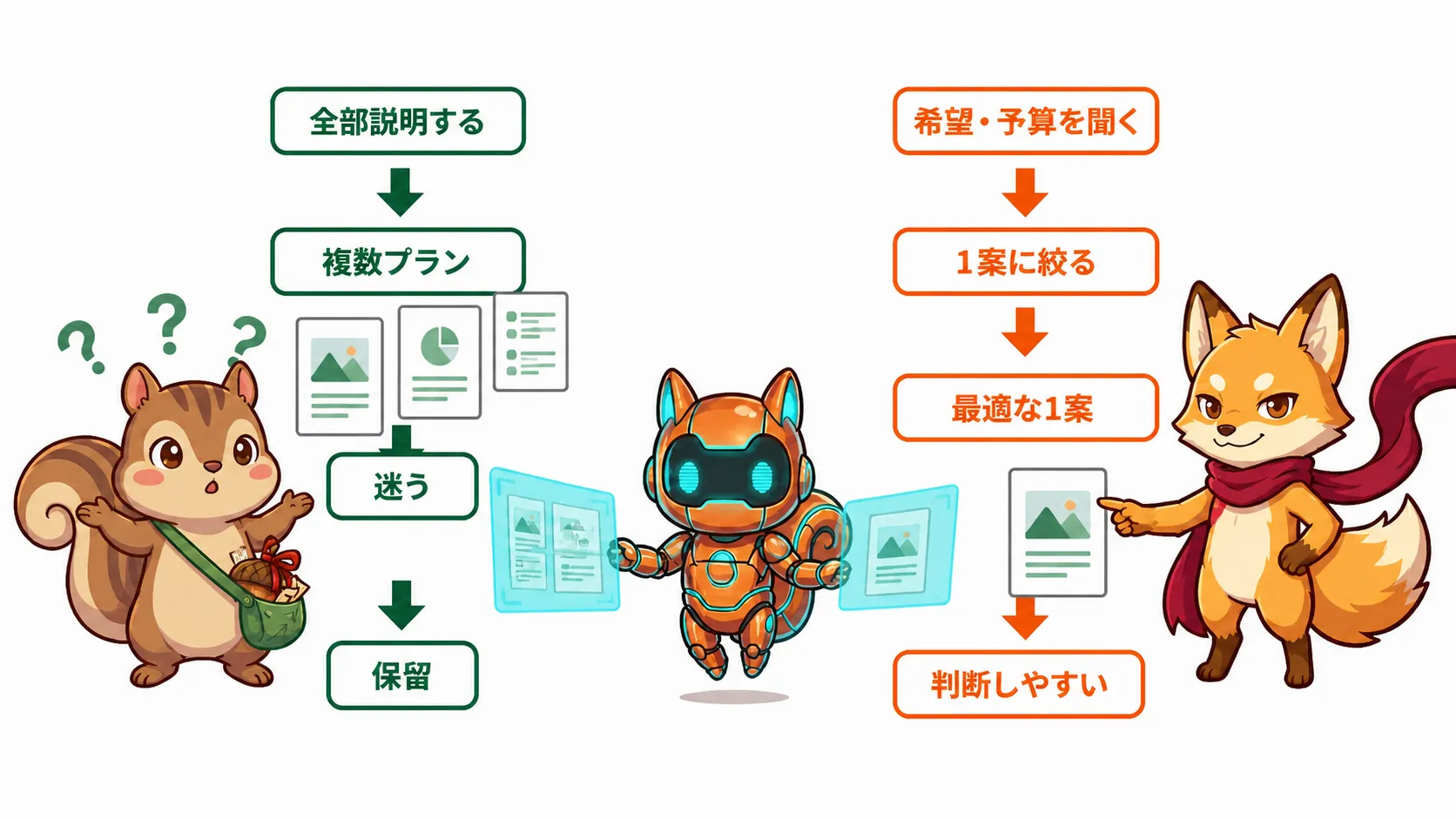 全部説明して複数プランで迷い・保留になる流れと、希望・予算を聞いて最適な1案を示す流れの比較図