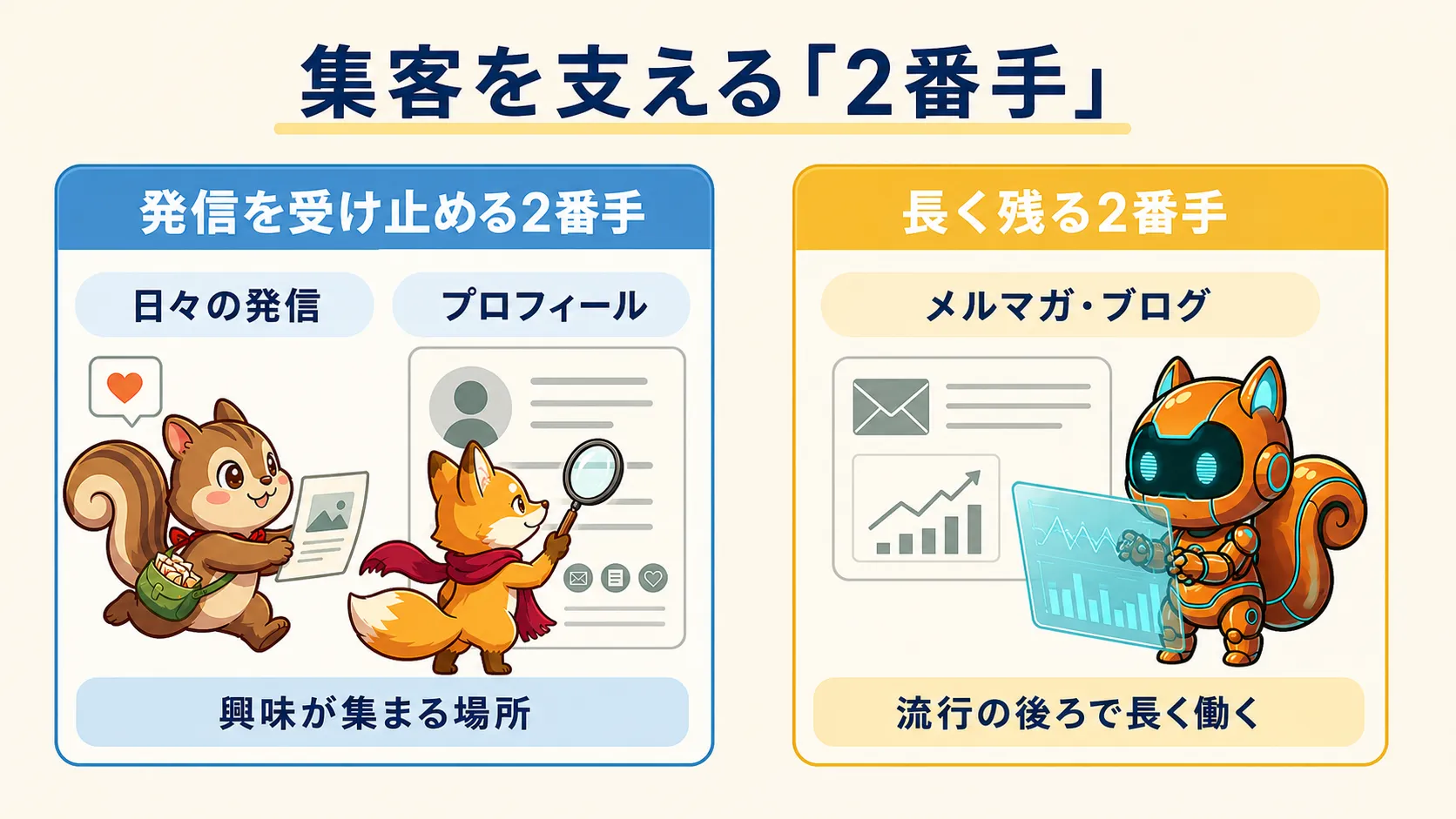 発信を受け止めるプロフィールと、流行の後ろで長く働くメルマガ・ブログを別々に示す図解