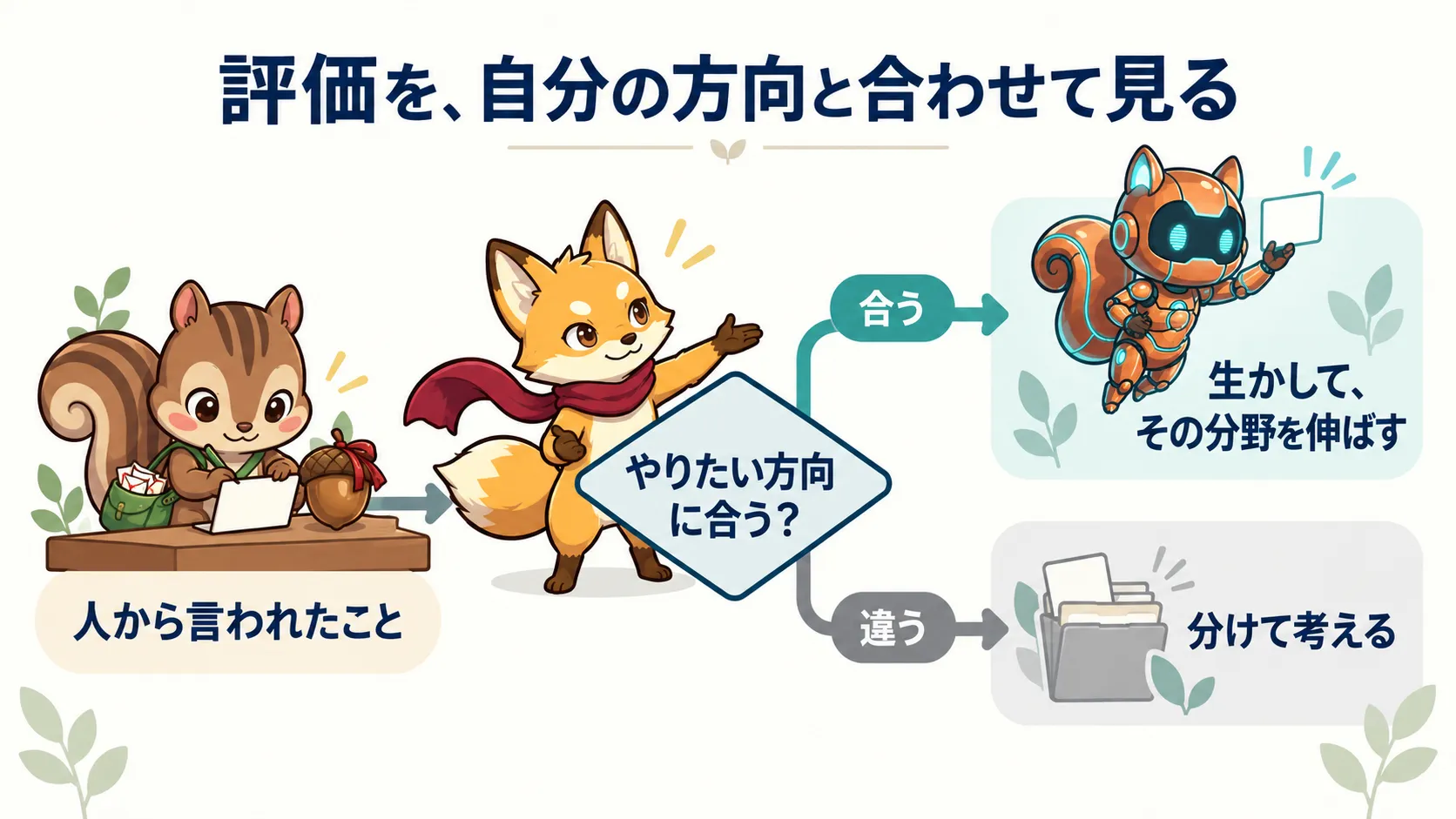 周りからの評価を受け取り、自分のやりたい方向と合うかを確認する。合っている分野は生かして伸ばし、方向が違う場合は分けて考える。
