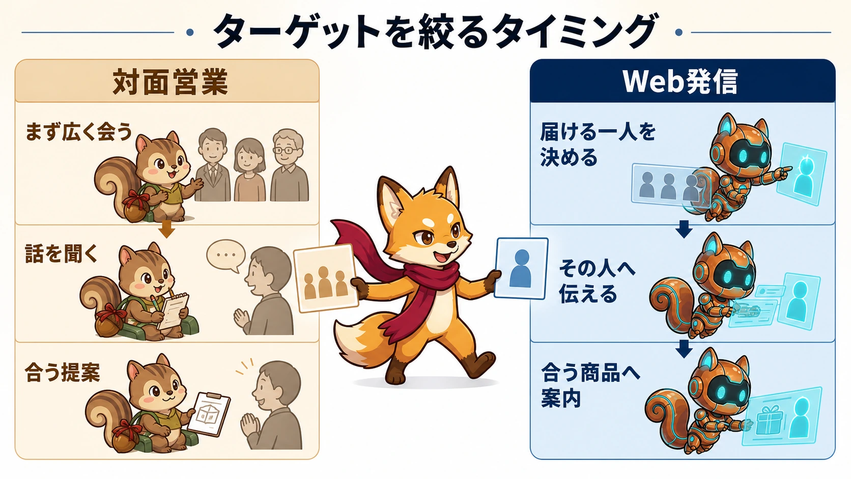 対面営業は話を聞いてから提案を絞り、Web発信は届ける相手を決めてから伝える比較図