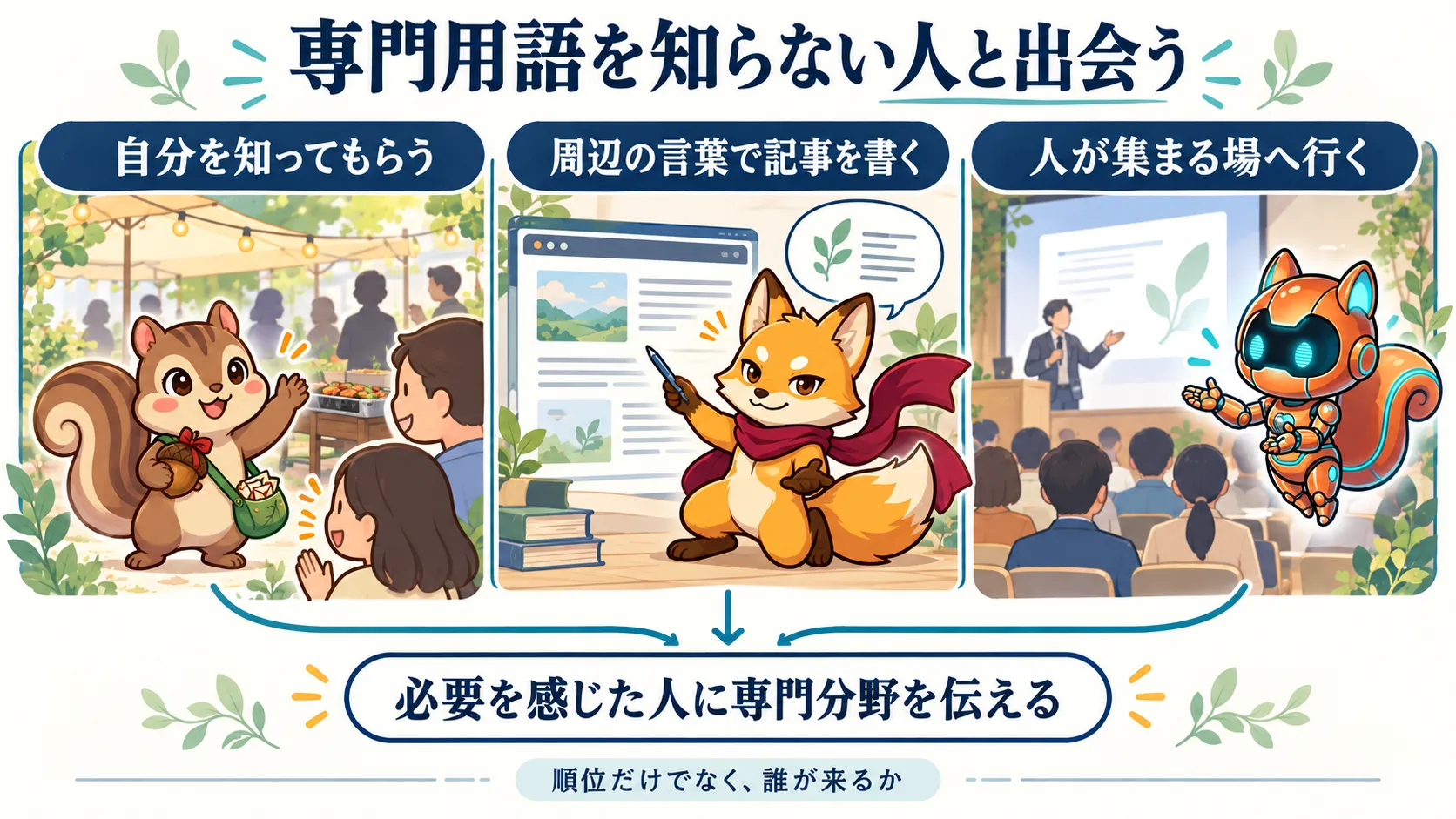 専門用語を知らない人との出会い方。自分を知ってもらう、周辺の言葉で記事を書く、人が集まる場へ行くという選択肢から、必要を感じた人へ専門分野を伝える。