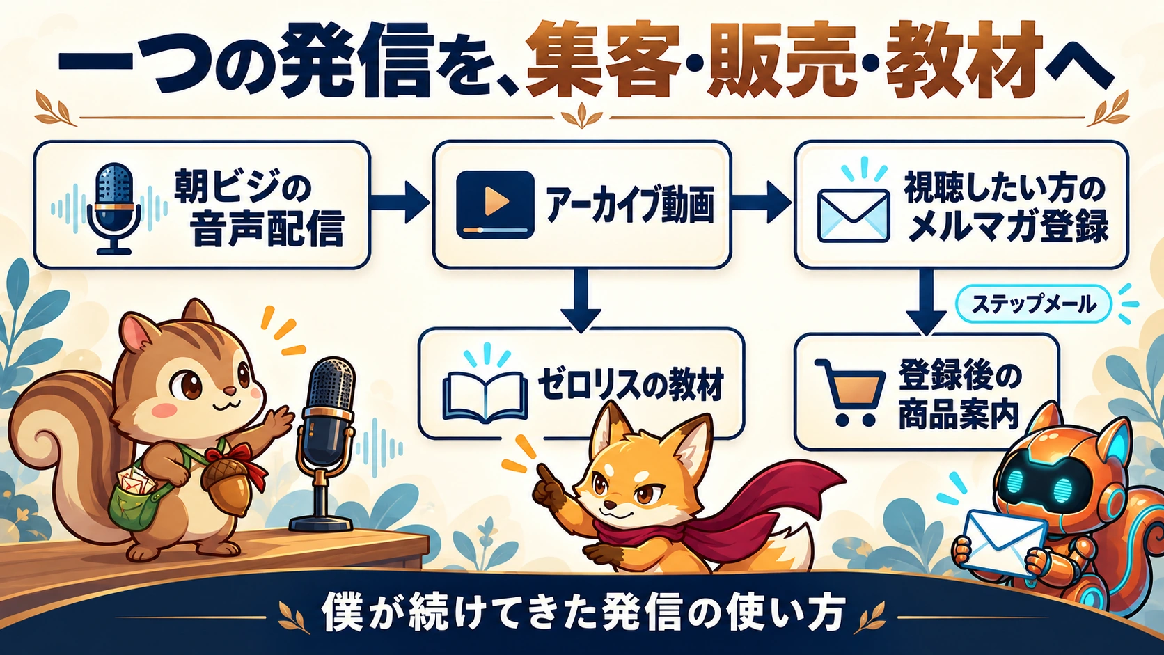 朝ビジの音声配信をアーカイブ動画にし、視聴したい方のメルマガ登録と登録後の商品案内へつなぐ。同じ内容をゼロリスの教材にも使う。