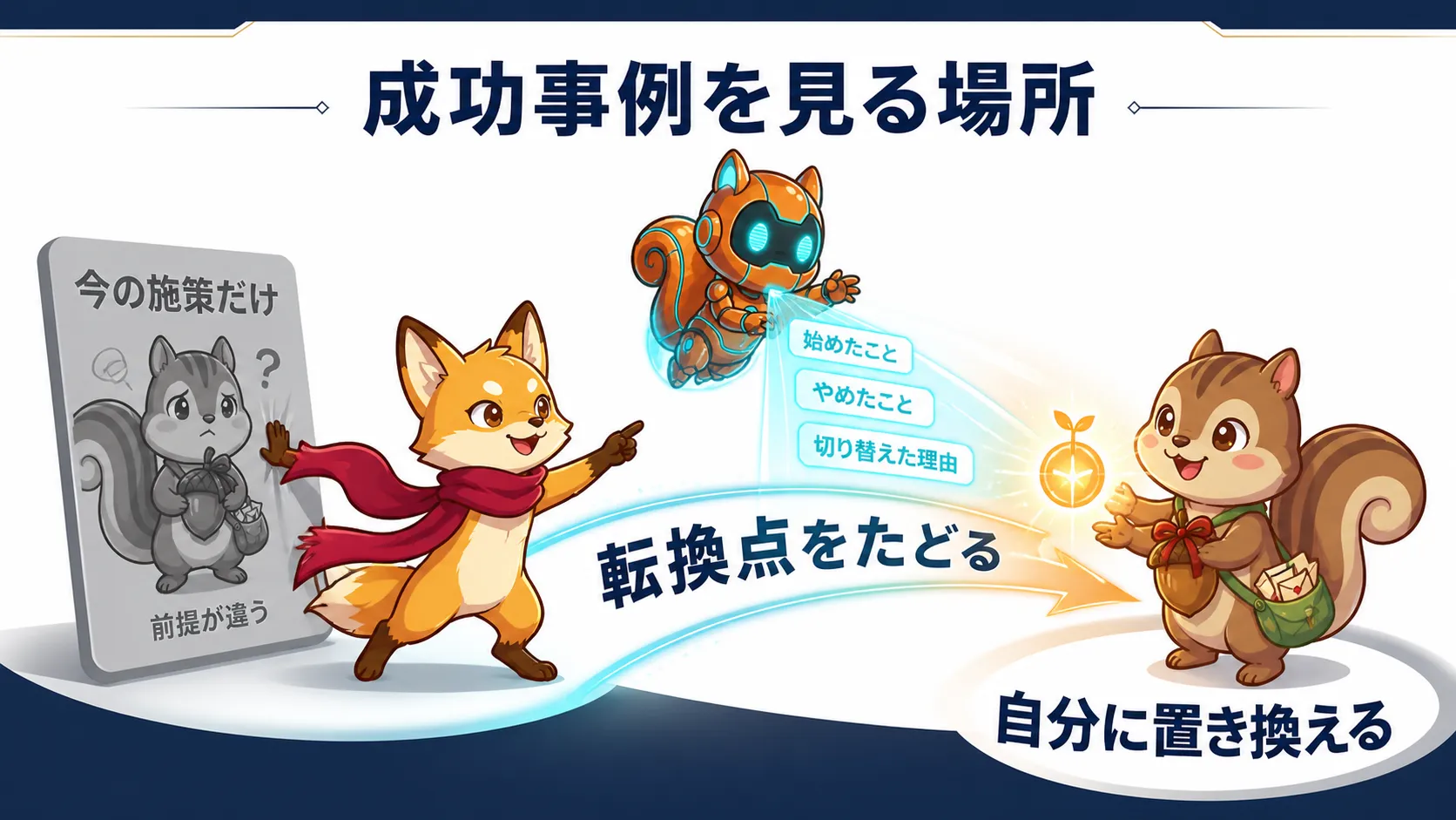 左に今の施策だけを見る状態、中央に始めたこと・やめたこと・切り替えた理由、右に自分に置き換える流れを示した図
