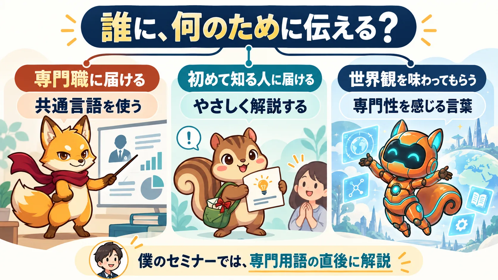 専門職に届けるなら共通言語を使う。初めて知る人にはやさしく解説する。世界観を味わってもらう場では専門性を感じる言葉が働く。僕のセミナーでは専門用語の直後に解説を添える。